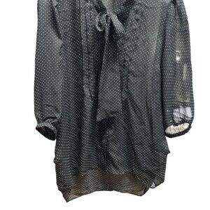 Black Chiffon Sheet Polka Dot Button-Up Bow Neck‎ Blouse Large